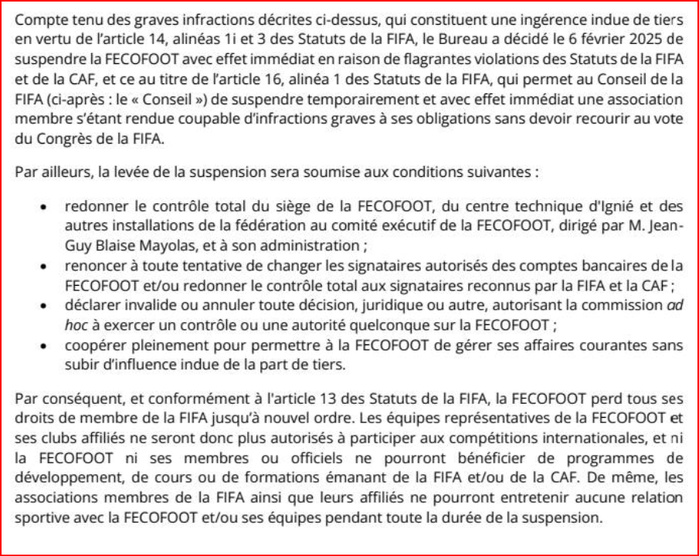 Un extrait du courrier de la FIFA annonçant  la décision Un extrait du courrier de la FIFA annonçant  la décision