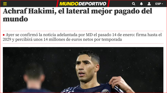 Hakimi / Le latéral droit le mieux payé au monde : 14 millions d'euros nets par saison ! Hakimi / Le latéral droit le mieux payé au monde : 14 millions d'euros nets par saison !