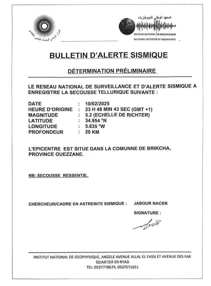 Séisme près de Ouezzane: Une magnitude de 5,2 ressentie dans plusieurs villes du Royaume Séisme près de Ouezzane: Une magnitude de 5,2 ressentie dans plusieurs villes du Royaume