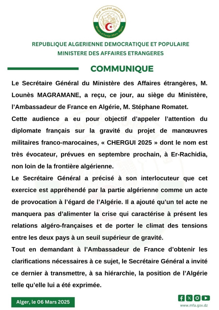 Alger considére les prochaines manœuvres militaires franco-marocaines à Er-Rachidia comme "une provocation" Alger considére les prochaines manœuvres militaires franco-marocaines à Er-Rachidia comme "une provocation"