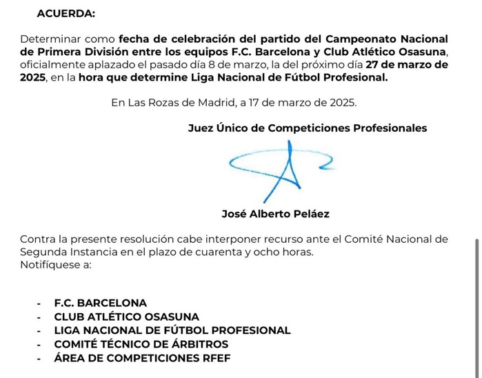 Liga: Barcelone et Osasuna refusent la MAJ en pleine trêve internationale ! Liga: Barcelone et Osasuna refusent la MAJ en pleine trêve internationale !