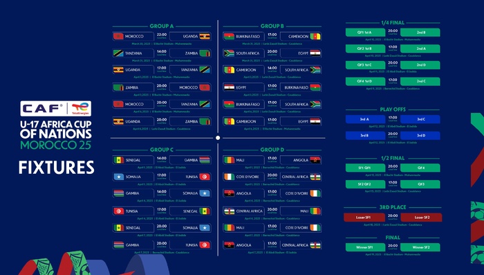 CAN Maroc U17 : Stades, horaires et calendrier dévoilés par la CAF CAN Maroc U17 : Stades, horaires et calendrier dévoilés par la CAF