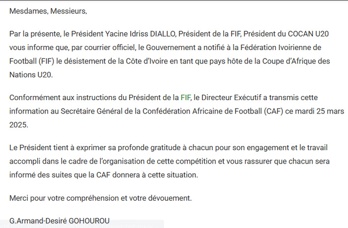 CAN U20 : La Côte d’Ivoire annonce son retrait de l’organisation de la compétition ! CAN U20 : La Côte d’Ivoire annonce son retrait de l’organisation de la compétition !