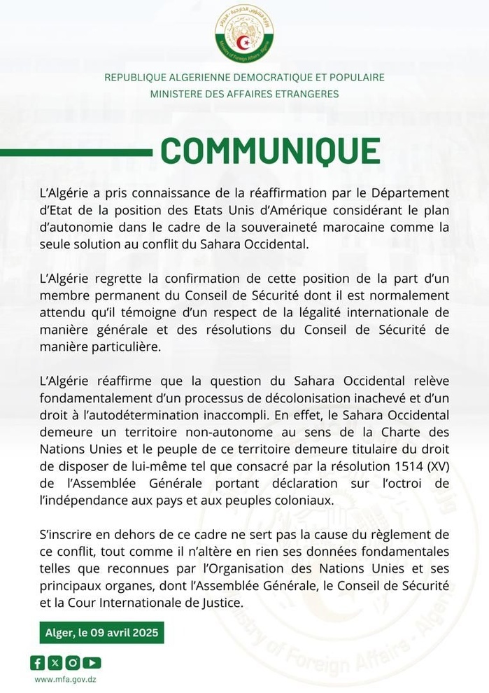 Marocanité du Sahara : Réaction timide de l'Algérie après la déclaration de Marco Rubio 
