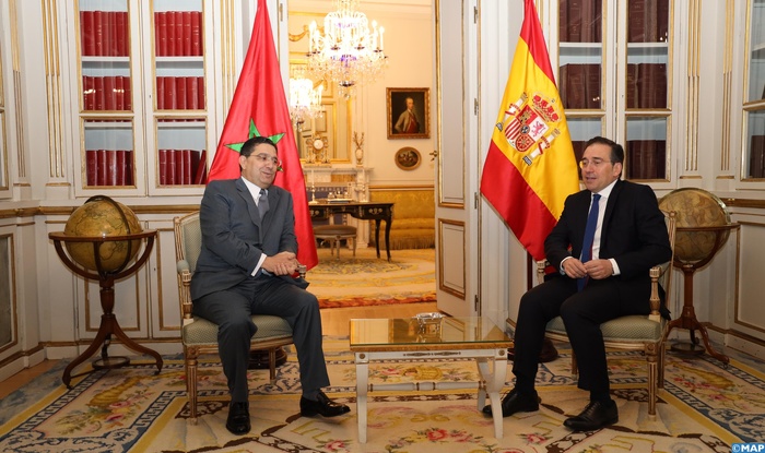 Le ministre des Affaires étrangères, de la Coopération africaine et des Marocains résidant à l'étranger, Nasser Bourita, et son homologue espagnole José Manuel Albares Bueno, le jeudi 17 avril 2025 à Madrid. Crédit photo : MAP Le ministre des Affaires étrangères, de la Coopération africaine et des Marocains résidant à l'étranger, Nasser Bourita, et son homologue espagnole José Manuel Albares Bueno, le jeudi 17 avril 2025 à Madrid. Crédit photo : MAP