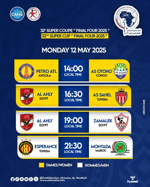 Handball /32e Super Coupe d’Afrique des clubs, Caire 25 : Mountada Derb Sultan vs Attaraji ce soir Handball /32e Super Coupe d’Afrique des clubs, Caire 25 : Mountada Derb Sultan vs Attaraji ce soir