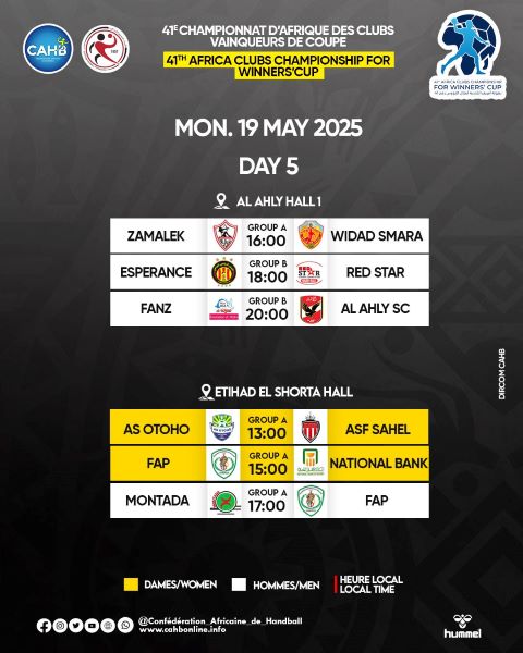 HB. Africain /41e CACVC : W. Smara vs Zamalek, MDS vs FAP, ce lundi , en clôture de la phase de poules HB. Africain /41e CACVC : W. Smara vs Zamalek, MDS vs FAP, ce lundi , en clôture de la phase de poules