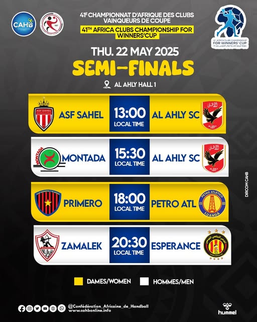 HB. ½ Finale 𝟒𝟏𝐞 𝐂𝐀𝐂𝐕𝐂 𝟐𝟓 : M. Derb Sultan vs Al Ahly au début de l’après-midi ! HB. ½ Finale 𝟒𝟏𝐞 𝐂𝐀𝐂𝐕𝐂 𝟐𝟓 : M. Derb Sultan vs Al Ahly au début de l’après-midi !