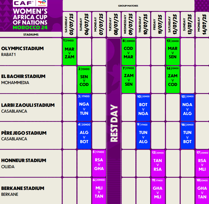 CAN (f) Maroc Juillet 25 : Le programme officiel dévoilé CAN (f) Maroc Juillet 25 : Le programme officiel dévoilé
