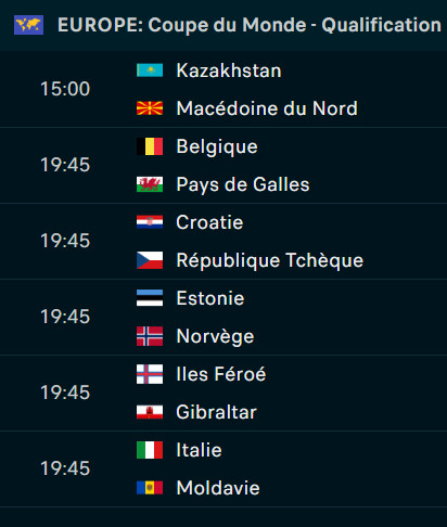 Q. CDM 26 Europe: Aujourd'hui, six matchs au programme dès 15h00 Q. CDM 26 Europe: Aujourd'hui, six matchs au programme dès 15h00
