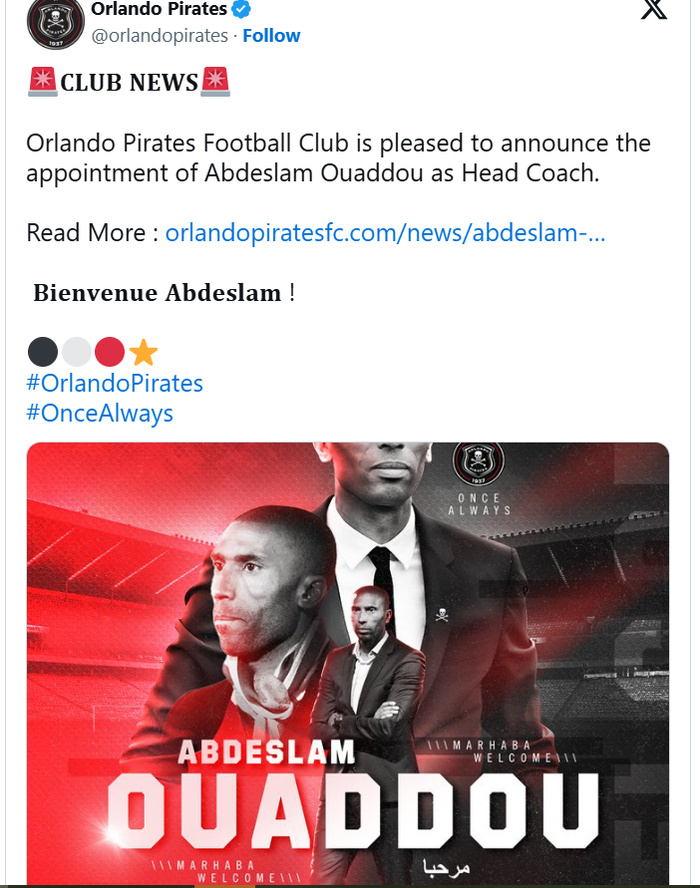 Afrique du Sud : Abdeslam Ouaddou officiellement entraîneur d'Orlando Pirates Afrique du Sud : Abdeslam Ouaddou officiellement entraîneur d'Orlando Pirates