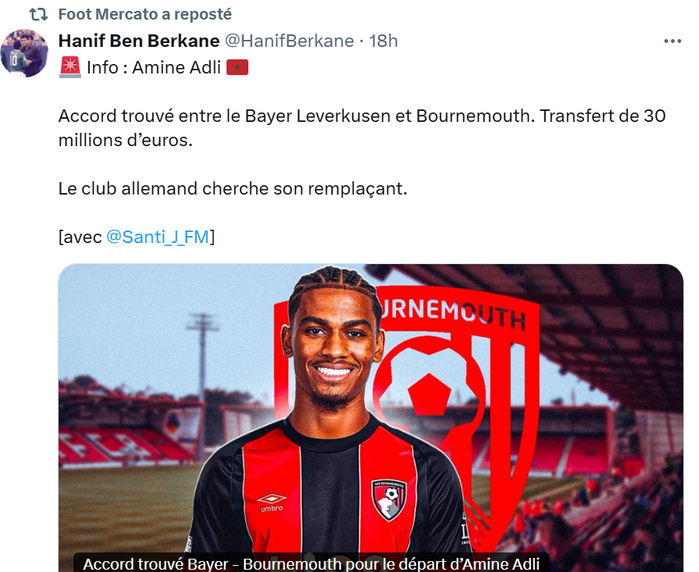 Transfert : Amine Adli vers Bournemouth, Ben Seghir vers Leverkusen ? Transfert : Amine Adli vers Bournemouth, Ben Seghir vers Leverkusen ?