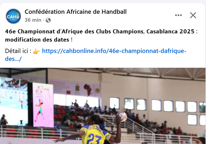 HB / 46e Championnat d’Afrique des Clubs Champions Casablanca 25 : dates avancées en raison de la Coupe du Monde Féminine FIFA U17