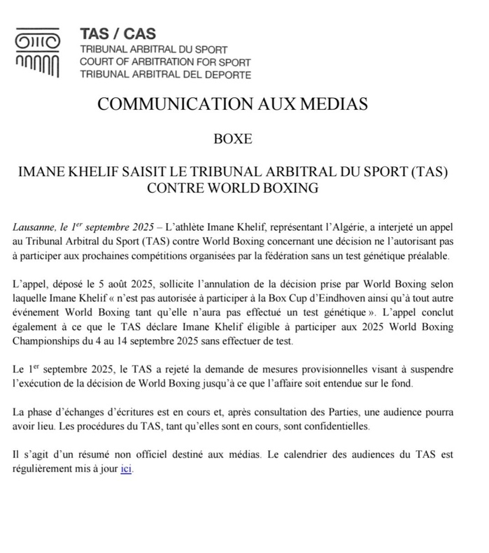 Boxe /Polémique : Refusant le test génétique, I. Khelif toujours écarté(e) des Championnats du monde de Liverpool / Septembre 2025 Boxe /Polémique : Refusant le test génétique, I. Khelif toujours écarté(e) des Championnats du monde de Liverpool / Septembre 2025