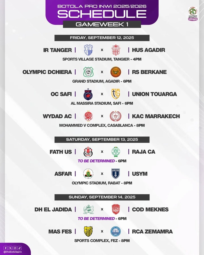 Botola Pro D1 25-26 : Le programme des J1 et J2 dévoilé Botola Pro D1 25-26 : Le programme des J1 et J2 dévoilé