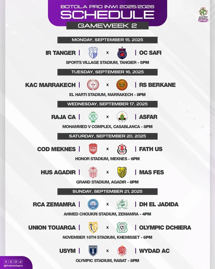 Botola Pro D1 25-26 : Le programme des J1 et J2 dévoilé Botola Pro D1 25-26 : Le programme des J1 et J2 dévoilé