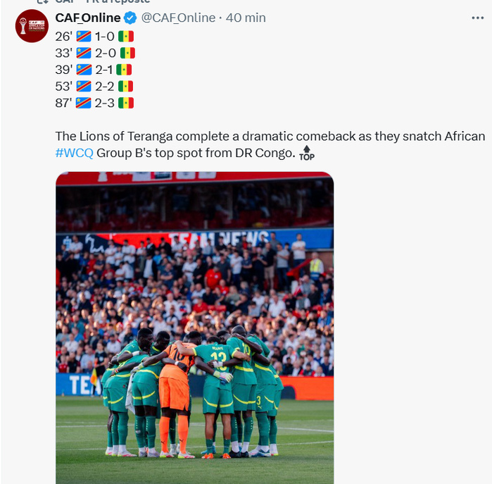 Qualifs CDM 26 (Afrique) : Remontada sénégalaise face à la RDC Qualifs CDM 26 (Afrique) : Remontada sénégalaise face à la RDC