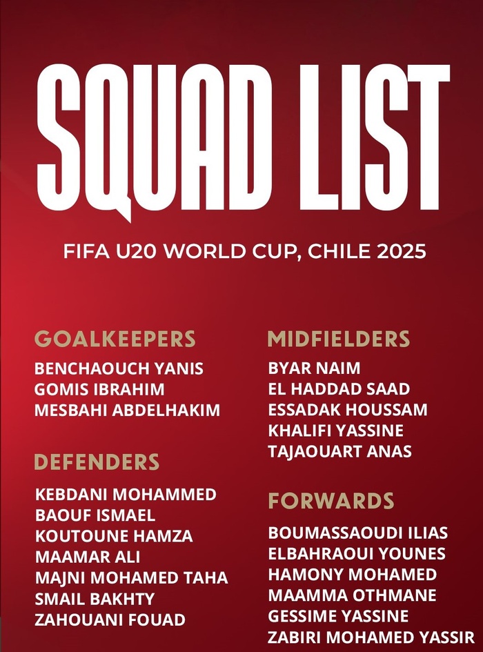 CDM U20 Chili 25: Maroc-Espagne en ouverture du calendrier des Lionceaux