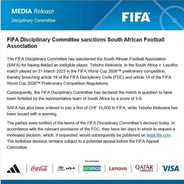 FIFA / Qualifs CDM 26 : L’Afrique du Sud sanctionnée, le Bénin prend la tête du groupe FIFA / Qualifs CDM 26 : L’Afrique du Sud sanctionnée, le Bénin prend la tête du groupe
