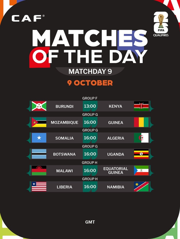 Qualifs. CDM 26 (Zone Afrique) /J9 : Programme du jour Qualifs. CDM 26 (Zone Afrique) /J9 : Programme du jour