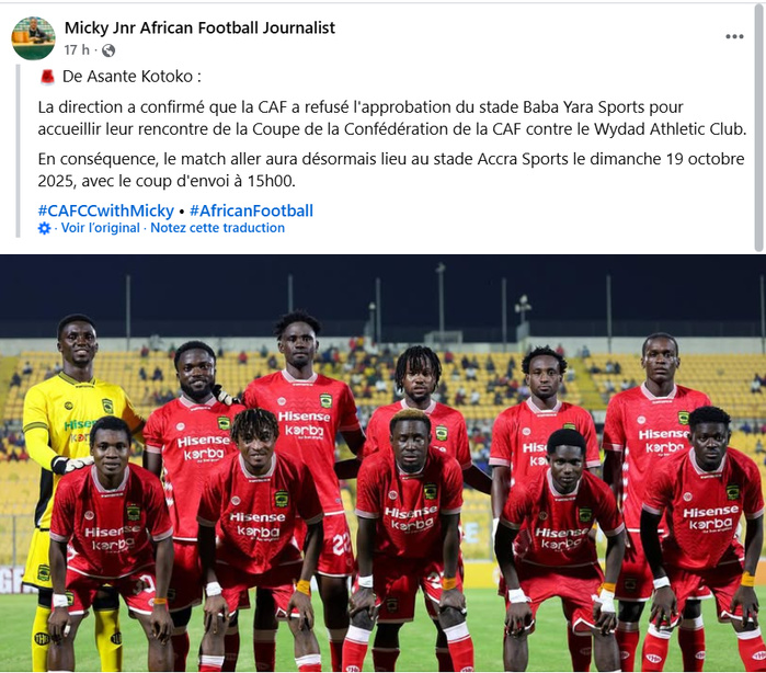 C CAF : le Wydad s’envole jeudi vers le Ghana ; match délocalisé à Accra