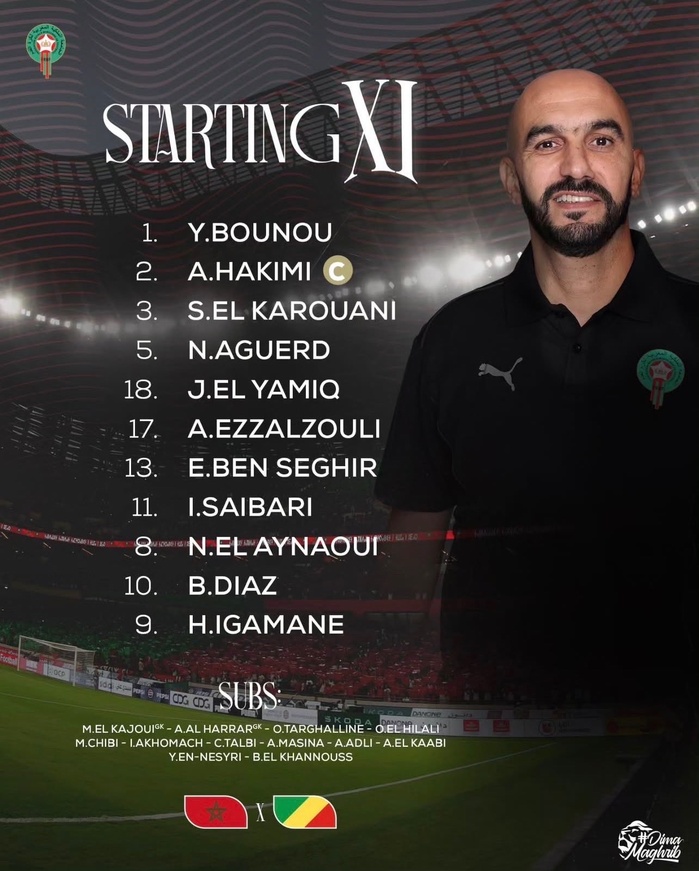 Maroc-Congo : le onze national du coup d'envoi Maroc-Congo : le onze national du coup d'envoi