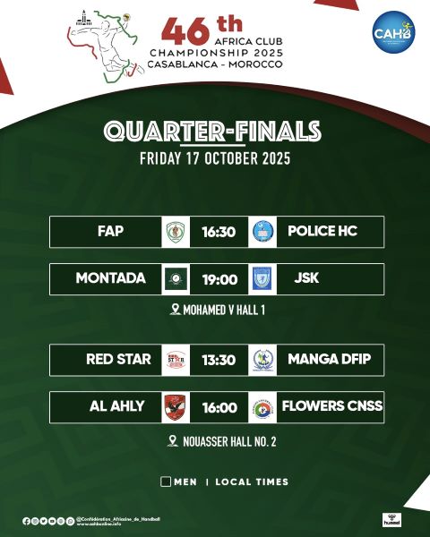 HB / CAHCC 25 : Les quarts de finale (H), cet après-midi, avec la présence de M. Derb Sultan HB / CAHCC 25 : Les quarts de finale (H), cet après-midi, avec la présence de M. Derb Sultan