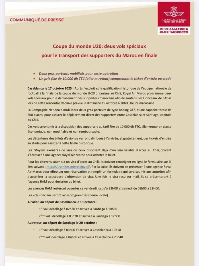 Finale CDM U17 / RAM : Deux vols spéciaux mis à la disposition des supporters des Lionceaux Finale CDM U17 / RAM : Deux vols spéciaux mis à la disposition des supporters des Lionceaux