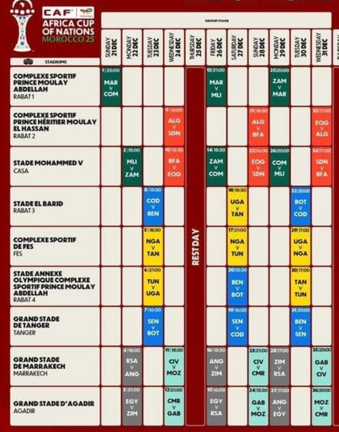 CAN Maroc 2025 : le calendrier complet et les horaires des matchs dévoilés CAN Maroc 2025 : le calendrier complet et les horaires des matchs dévoilés