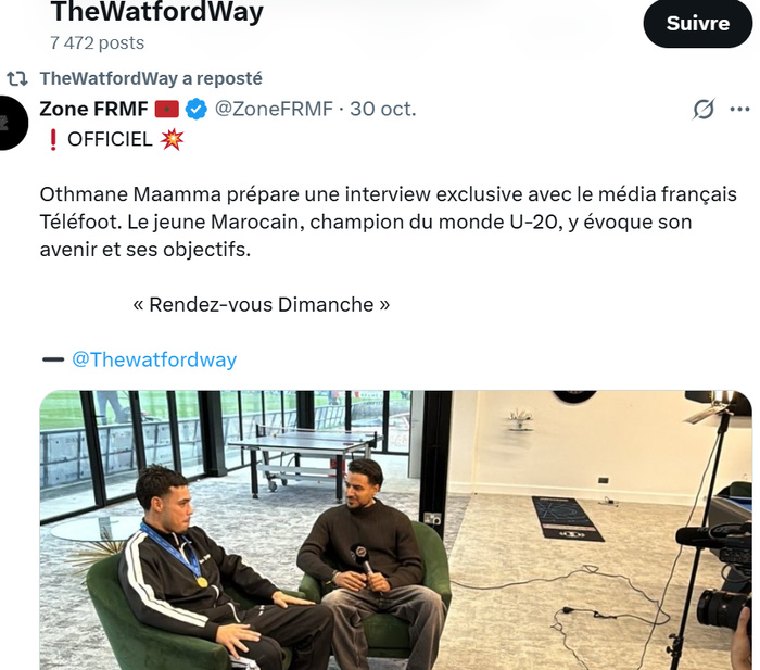 Champion du Monde U20 Chili 25 : Maâmma invité de TF1 (Télé Foot) dimanche prochain