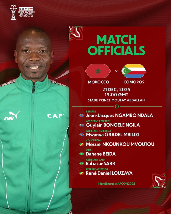 Le Congolais Jean-Jacques Ndala désigné pour diriger le match d’ouverture Maroc–Comores Le Congolais Jean-Jacques Ndala désigné pour diriger le match d’ouverture Maroc–Comores