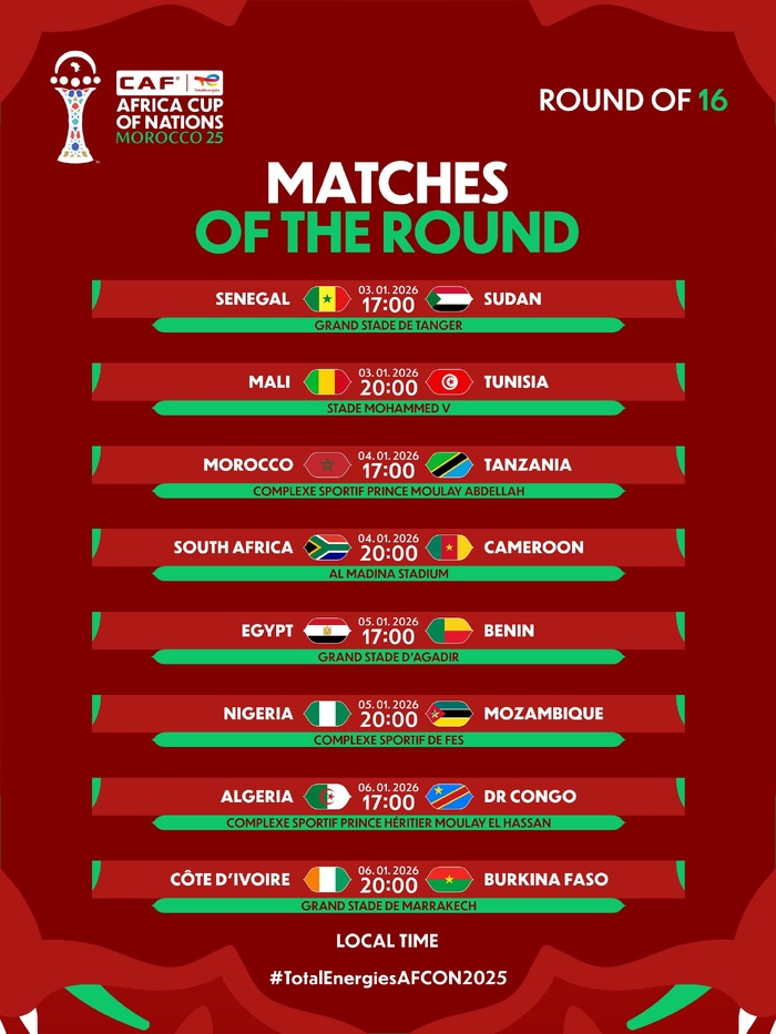 CAN Maroc 2025 : le programme officiel des huitièmes de finale dévoilé