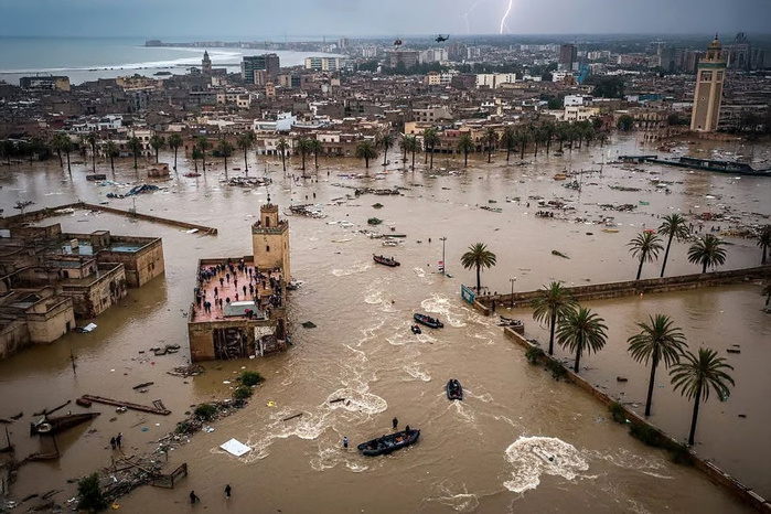 La médina de Safi engloutie par les eaux de l’oued Chaâba, en crue le 14 décembre 2025. © DR
