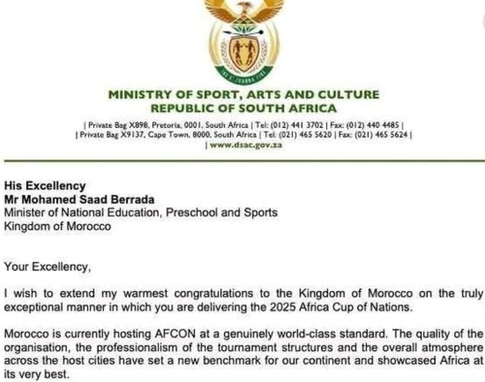CAN 2025 : le ministre sud-africain des Sports désavoue les critiques du coach des Bafana Bafana et salue l’organisation du Maroc CAN 2025 : le ministre sud-africain des Sports désavoue les critiques du coach des Bafana Bafana et salue l’organisation du Maroc