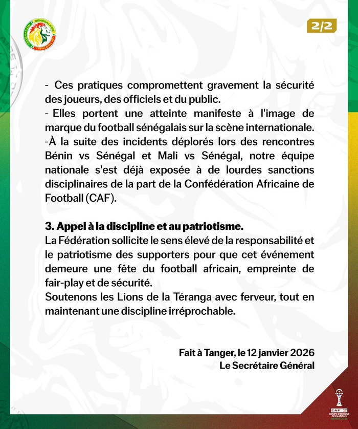 CAN 2025 : le Sénégal appelle ses supporters à la discipline avant le choc face à l’Égypte