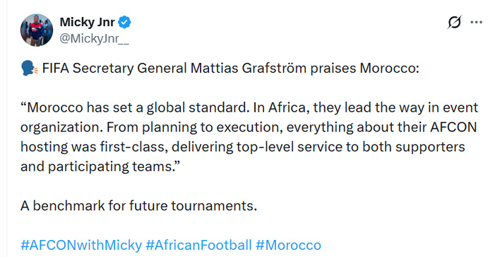 CAN : la FIFA salue l’excellence organisationnelle du Maroc, « une norme mondiale » CAN : la FIFA salue l’excellence organisationnelle du Maroc, « une norme mondiale »