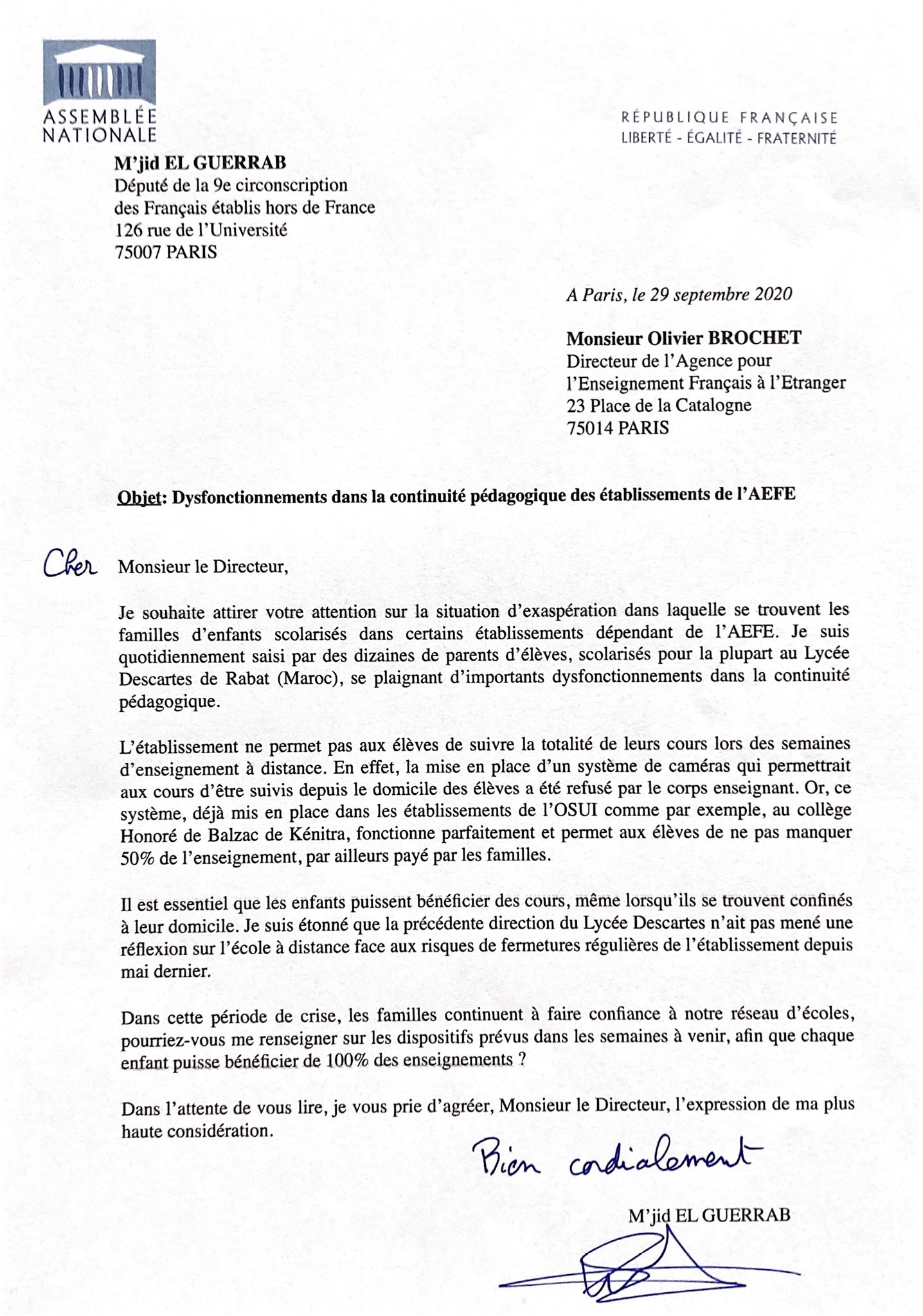 El Guerrab interpelle l'AEFE sur les dysfonctionnements des écoles françaises 