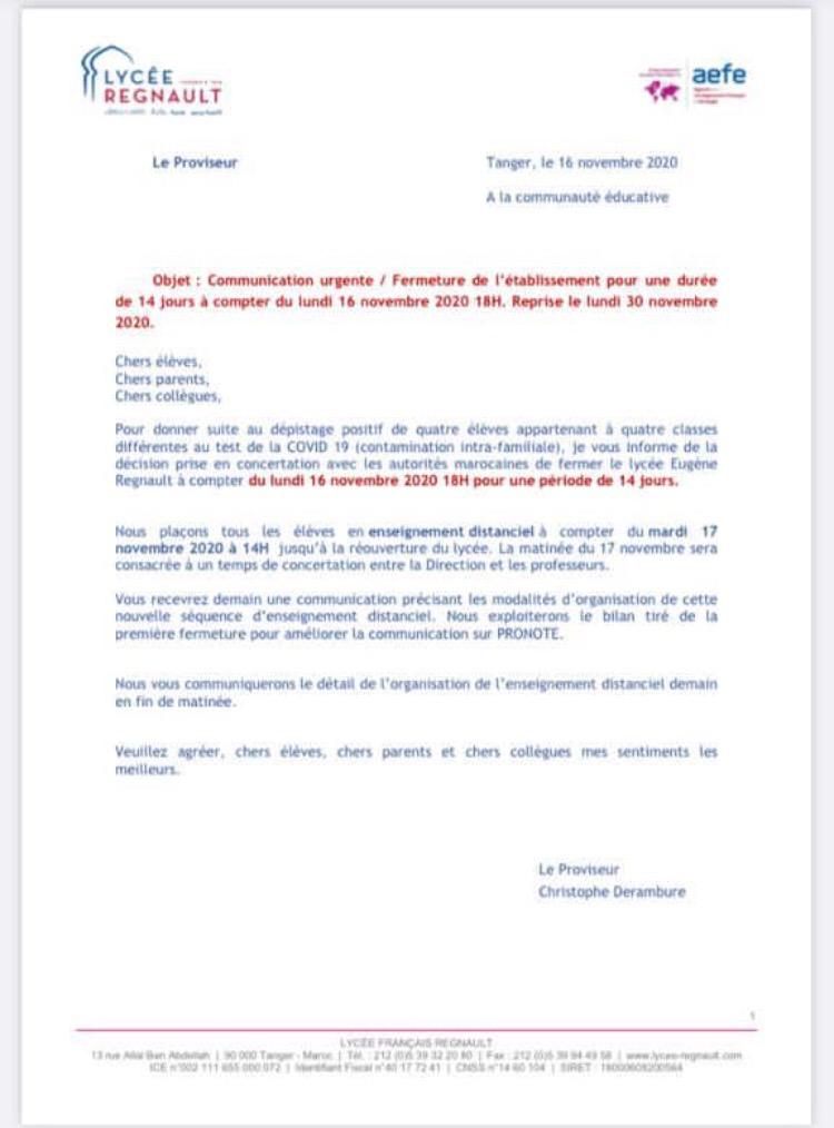 Tanger : fermeture du lycée français «Regnault», après la détection de plusieurs cas Covid