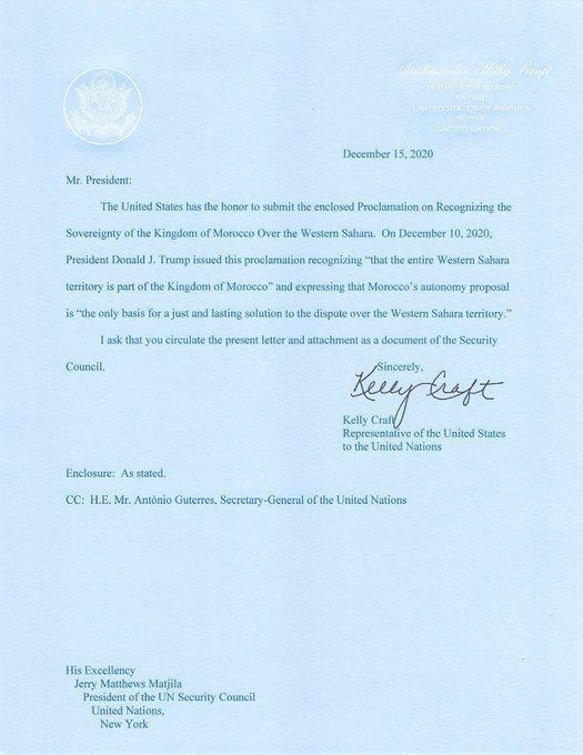 Les Etats unis notifient l’ONU de la reconnaissance de la marocanité du Sahara