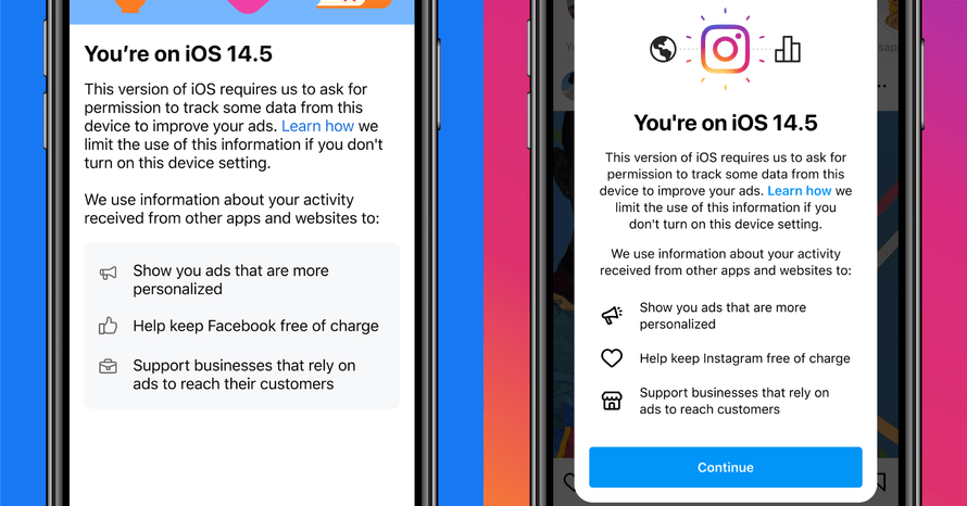 Notification Facebook et Instagram incitant à activer le pistage en menaçant de devenir payant.