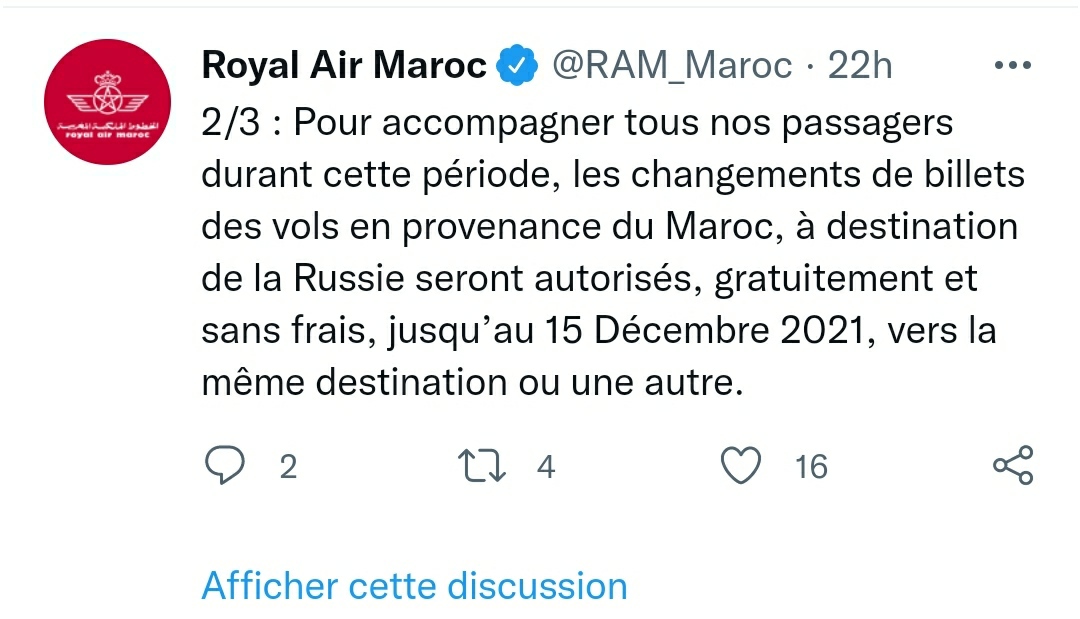 Maroc-Russie : la RAM propose des remboursements pour les vols annulés