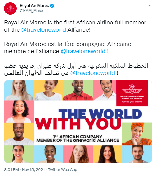 RAM : la 1ère compagnie Africaine membre de l'Alliance Oneworld