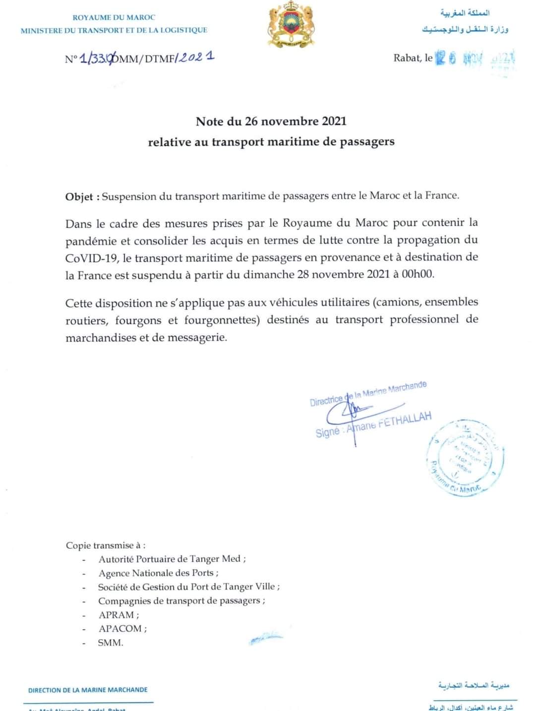 Suspension du transport maritime passagers entre le Maroc et la France