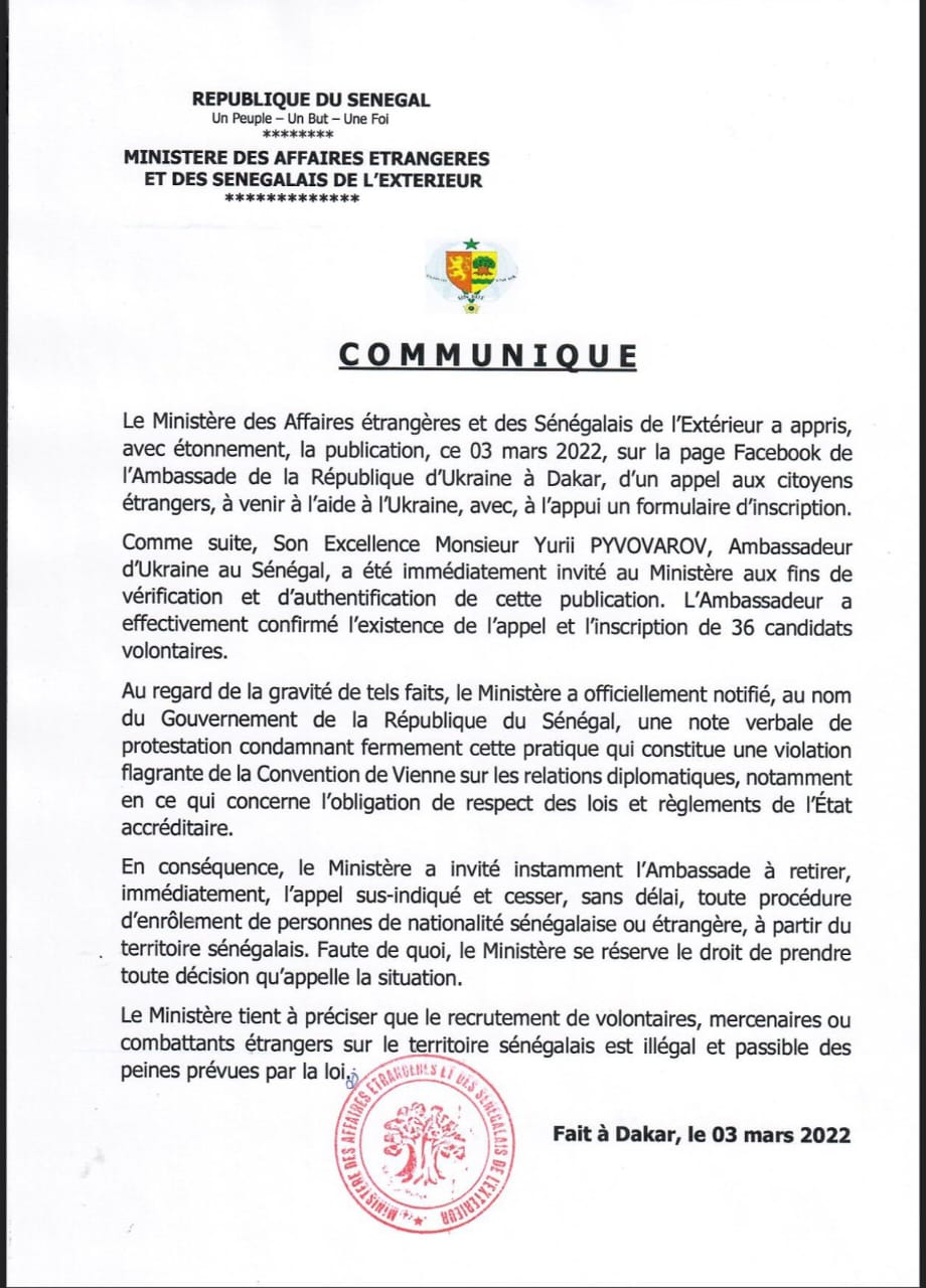 Guerre en Ukraine : Dakar appelle Kiev à cesser de recruter au Sénégal