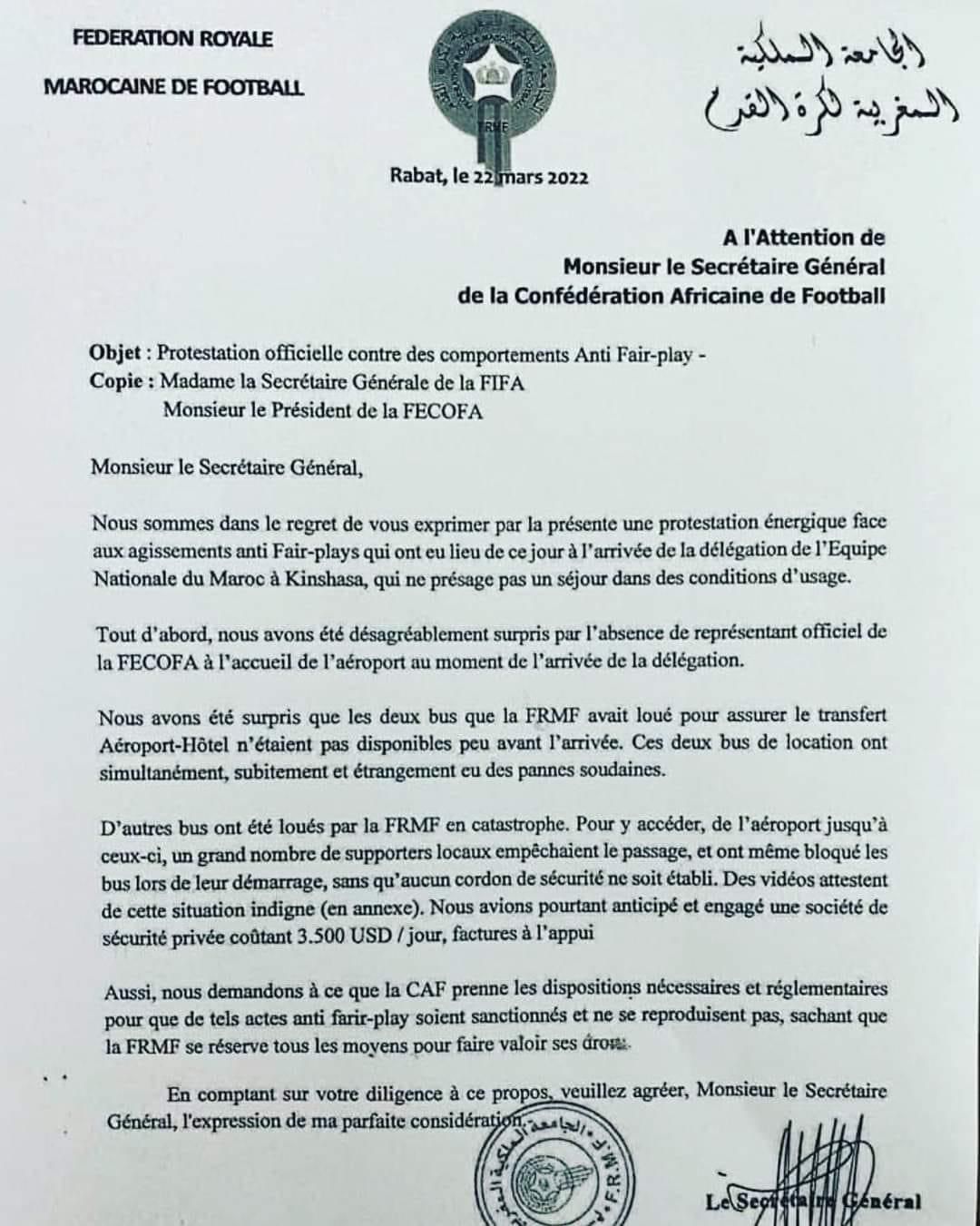 Barrages Mondial 2022 : Mal accueilli à Kinshasa, le Maroc appelle à des sanctions