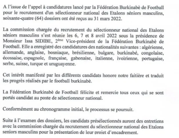Incroyable mais vrai !  64 postulants au poste de sélectionneur de l’équipe nationale du Burkina Faso !