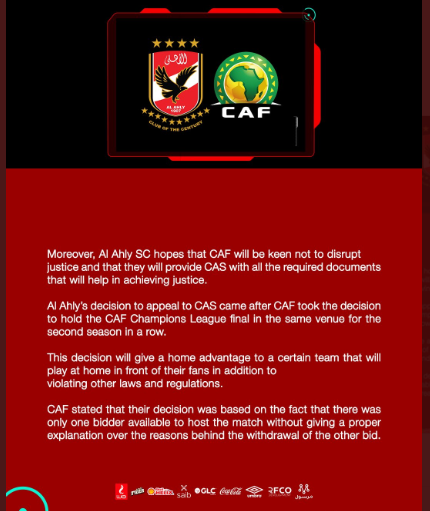 Finale de la Ligue des champions : Al Ahly récuse la décision de la CAF auprès du Tribunal Arbitral du Sport
