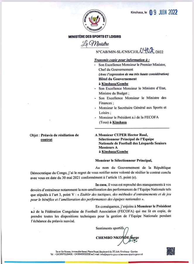 CAN 2023 : Hector Cuper limogé par le ministre des Sports de la RDC CAN 2023 : Hector Cuper limogé par le ministre des Sports de la RDC