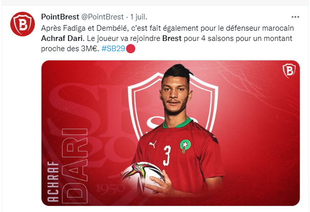 Transfert  : Achraf Dari Brestois pour 4 saisons contre 2,7M€