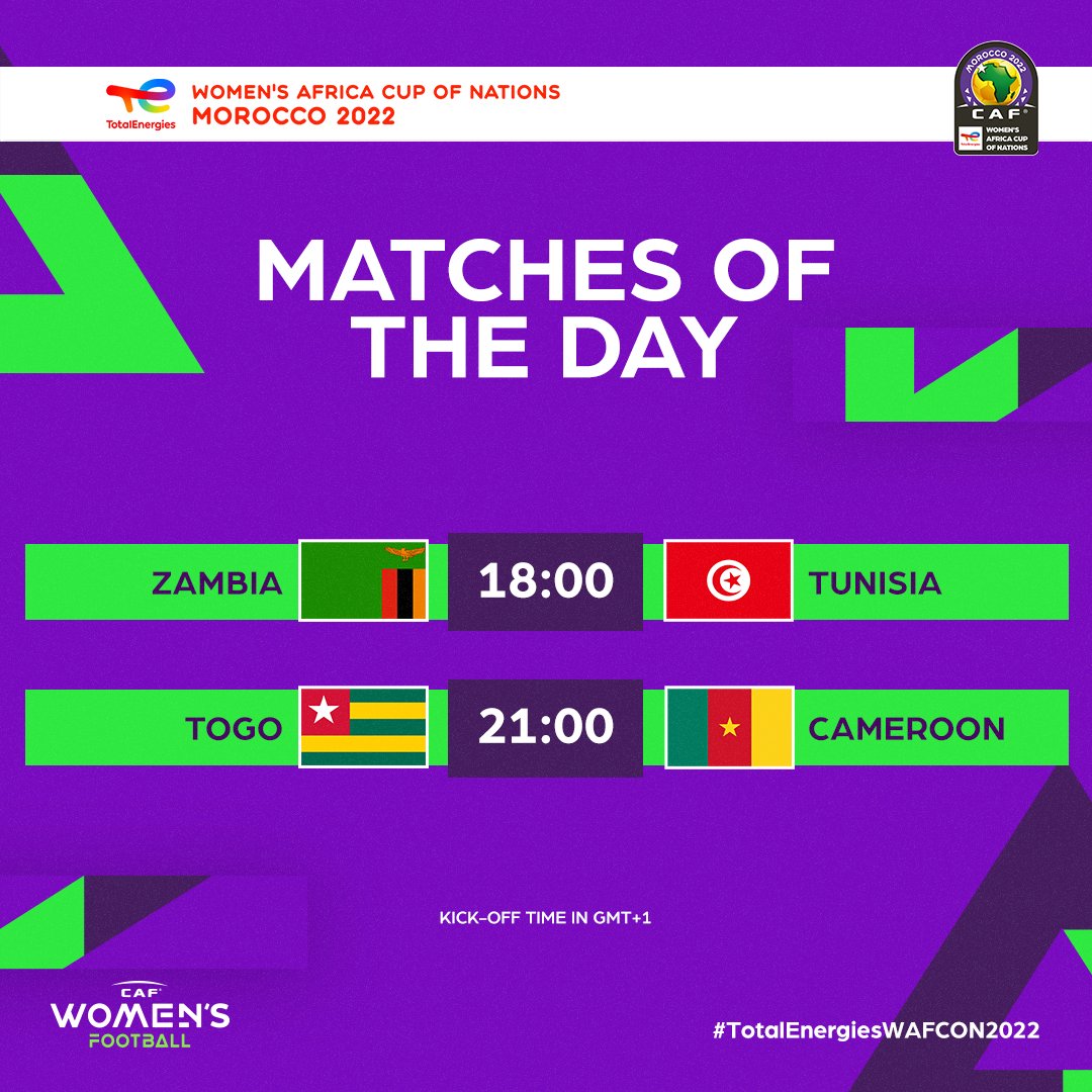 CAN Féminine / Maroc 2022 : Ce jeudi, Zambie -Tunisie (18h00)  et Togo-Cameroun (12h00) CAN Féminine / Maroc 2022 : Ce jeudi, Zambie -Tunisie (18h00)  et Togo-Cameroun (12h00)